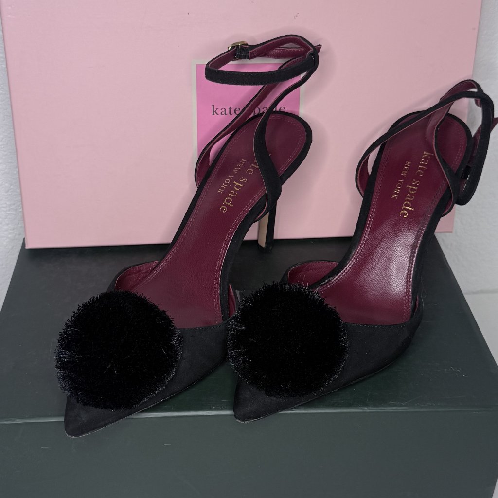 Kate Spade Amour Pom Pumps Pointed Toe Heels Black Leather